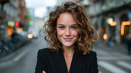 Fototapeta premium A confident woman poses in stylish attire on a city street, blending urban fashion with an expressive smile, capturing a moment of modern life and self-assurance.