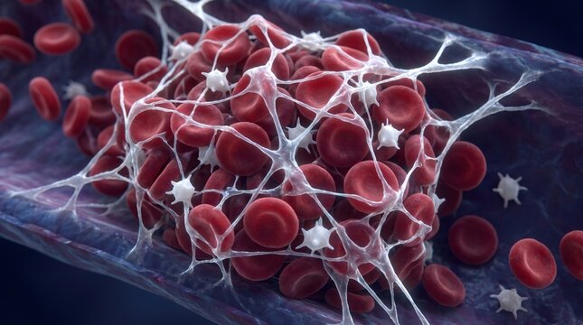 Cinematic 3D microscopic visualization of a blood clot inside a translucent blue vein, featuring glowing white fibrin capturing erythrocytes.