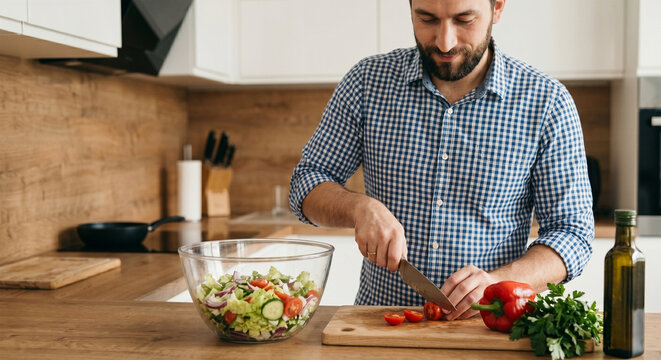 Male chef cutting fresh cherry tomatoes for healthy vegetable salad in modern wooden style kitchen