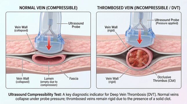 Ultrasound compressibility test comparison of normal vs thrombosed veins showing blood clot