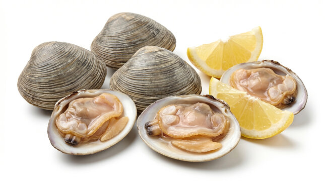 Fresh raw hard shell clams with lemon slices isolated on a clean white studio background