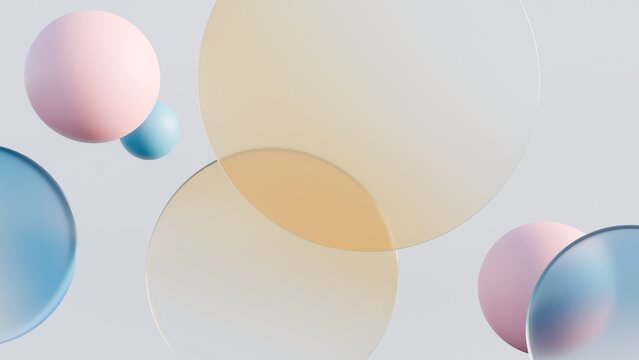 Abstract 3D minimalist background with pastel spheres and overlapping translucent glass discs. Ideal for modern cosmetic branding, clean presentation slides, and elegant web banners