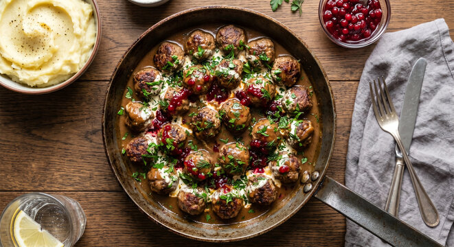 Swedish meatballs in cream gravy with lingonberry jam and mashed potatoes on wooden table