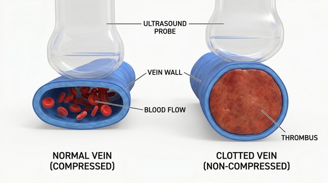 Medical illustration comparing a normal compressed vein with a clotted non compressed vein and ultrasound probe