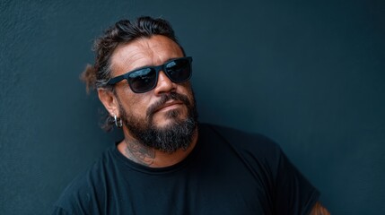 Obraz premium A charismatic man with a beard and sunglasses gives an alluring look against a deep blue wall, exuding coolness and confidence in a contemporary urban setting.