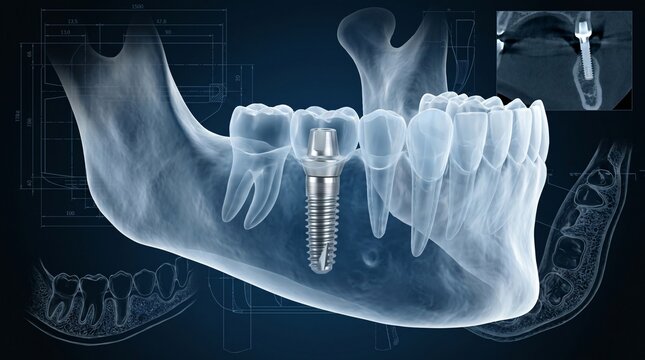 Transparent xray view of human jawbone with dental implant and schematic diagrams