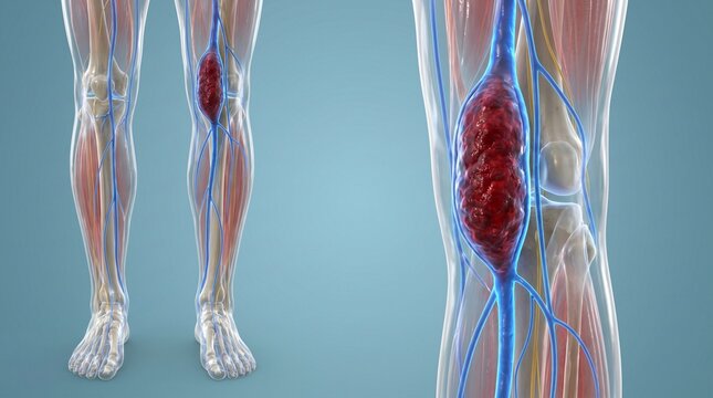 3D anterior view of human legs comparing a healthy leg with one suffering from severe Deep Vein Thrombosis (DVT), highlighting a massive red blood clot in the calf veins.