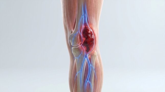 Close-up 3D medical render of a human lower leg with translucent skin, showing deep blue veins and a painful red swollen blood clot indicating Deep Vein Thrombosis (DVT).