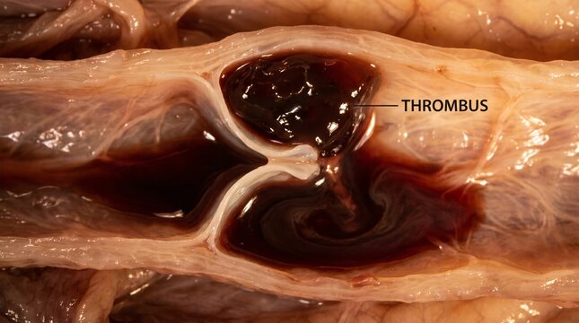 Labeled 3D cross-section of a deep leg vein displaying a thick thrombus blocking the venous valve and restricting blood flow.