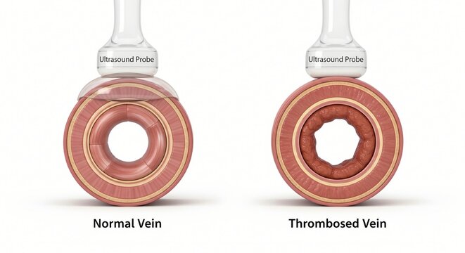 Comparison of a normal vein and a thrombosed vein examined by an ultrasound probe