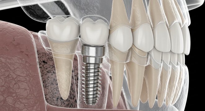 Detailed 3D rendering of a dental implant replacing a missing tooth showing bone structure and adjacent teeth