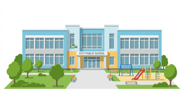 Modern School Building Facade with Schoolyard Front View Public Educational Institution Vector Illustration