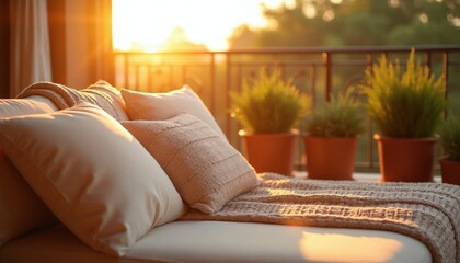 Obraz premium Cozy balcony furniture with cushions and blanket enjoys warm sunset light. Potted green plants on railing create tranquil outdoor home space.