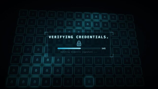 Verifying credentials animation with padlock grid and access denied security alert on dark screen