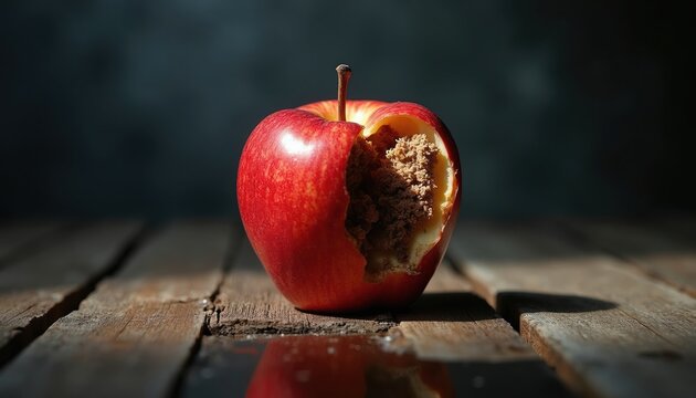 Red apple with bite mark reveals rotten core. Symbolizes deception, corruption, hidden flaws beneath attractive exterior. Represents falsehood and inner decay.