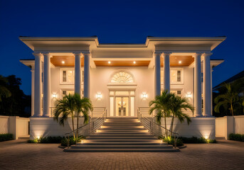Fototapeta premium Luxurious white mansion with columns and palm trees at night beautiful large house exterior