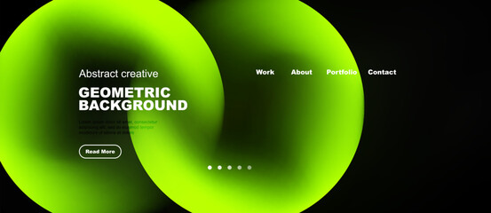 Naklejka premium Bright green abstract shape dominates black background. Text details portfolio, work, contact information. Modern design elements present.