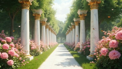 Obraz premium Marble columns with gold accents line a garden path. Pink flowers bloom beside grass. Butterflies fly around ornate pillars in lush green park setting. Peaceful, elegant nature scene.