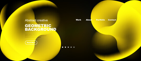 Naklejka premium Abstract yellow shapes dominate dark background. Text includes geometric design, work, about, portfolio, contact options. Simple, modern aesthetic.
