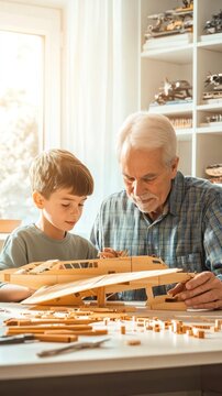 Grandfather and grandson building wooden airplane model at home