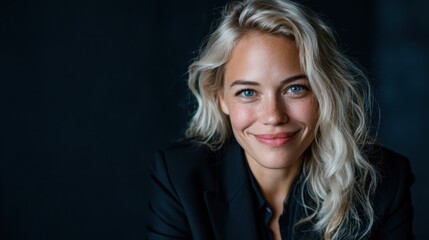 Fototapeta premium A confident, smiling blonde woman with wavy hair exudes warmth and approachability, showcasing her professional attire in a dark background, perfect for stock images.