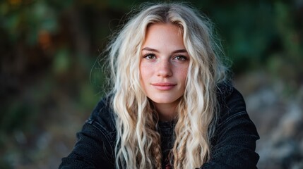 Naklejka premium A bright and cheerful portrait of a young woman with beachy waves, sitting outdoors with a soft smile that radiates warmth and positivity, evoking feelings of tranquility and freedom.