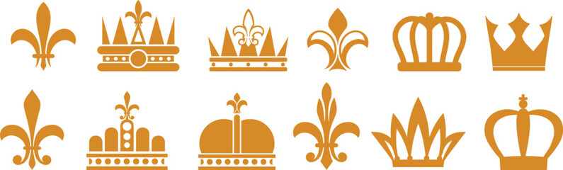 Royal crown icon collection with elegant ornamental monarchy symbols. Minimal vintage tiara illustrations for luxury branding and heraldic themes. Decorative king and queen emblem set for graphic desi © Vivid Pixel Studio.