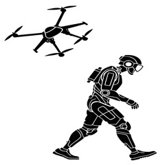 Fototapeta premium Futuristic Robot Running Alongside Hovering Surveillance Drone in Minimalist Digital Space