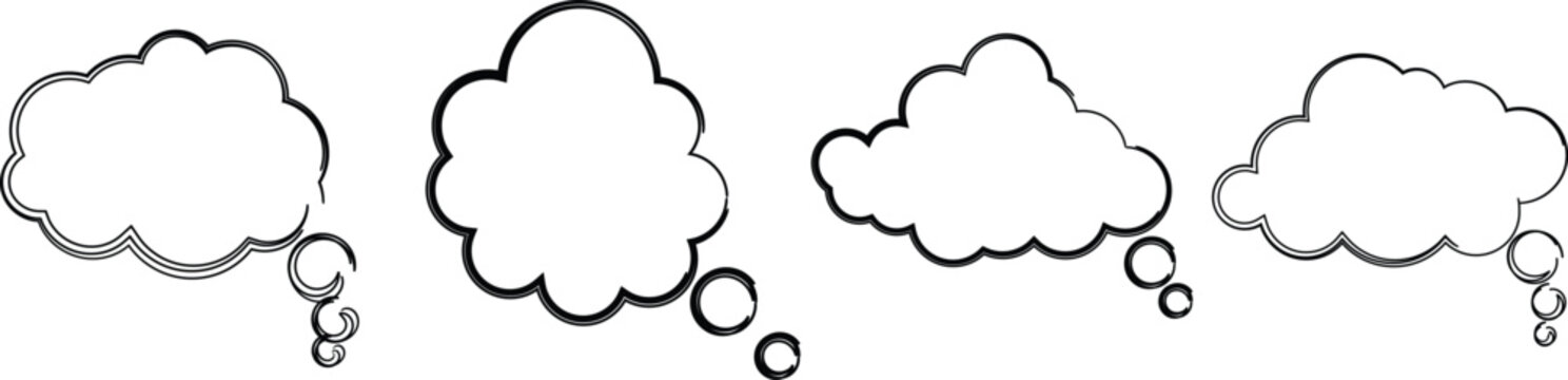 Abstract thought bubble icon with black outline on white background. Minimal comic speech cloud illustration. Creative thinking symbol design for communication concepts