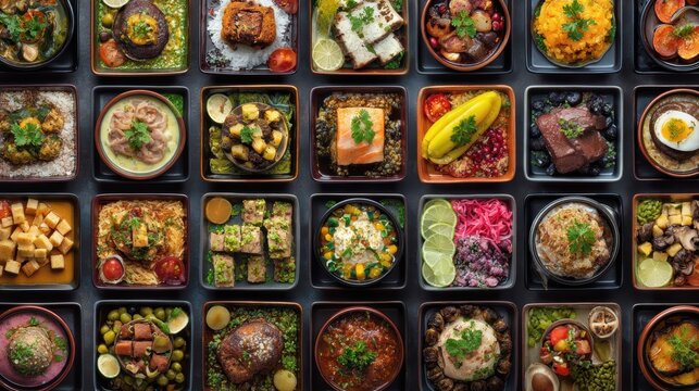 Diverse collection of international foods in organized grid layout capturing culinary diversity showcase multicultural dishes global cuisine variety and inspiring cultural food exploration concept