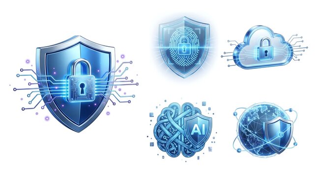 Set of cyber security icons including shield with lock AI brain protection and global network safety graphics security protection artificial intelligence technology encryption collection