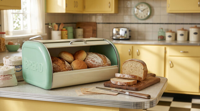 Retro kitchen with mint green bread box and fresh baked bread  
