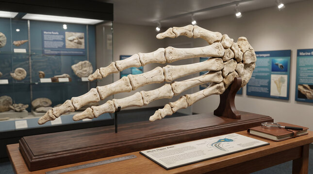 Whale flipper bone displayed in a museum exhibit on marine life  