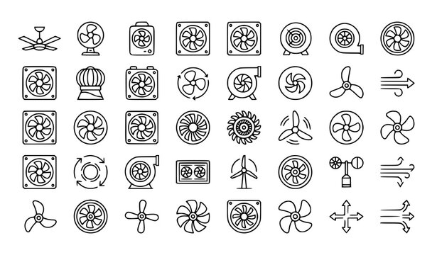 Fan and propeller thin line icon set with cooling ventilation and airflow vector symbols EPS 10