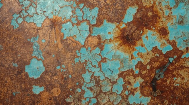 oxidized copper surface with turquoise and rust abstract texture background