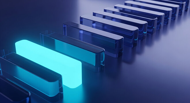 Row of transparent glass cubes with single glowing neon blue cube front different selection innovation technology abstract leadership creative standing business structure