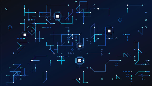 Abstract technology background with circuit board pattern and microchips, digital data connection, futuristic concept