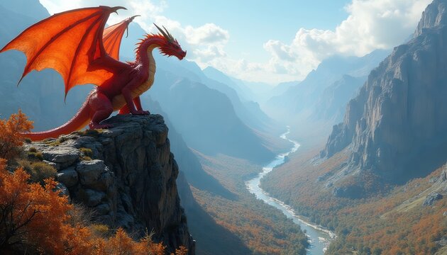 Red dragon perched on cliff overlooking misty valley with river. Autumn trees below mountains. Mythical creature, fantasy art, scenic landscape, nature.