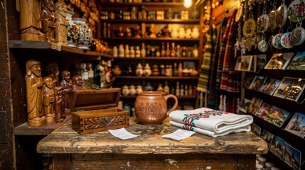 Naklejka premium Rustic Pottery Mug and Carved Wooden Chest in a Traditional Shop