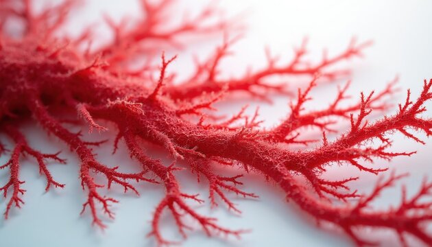 Intricate red branching structure resembles blood vessels or plant roots. Fine detailed lines create organic pattern against white background. Abstract biological form with delicate texture.