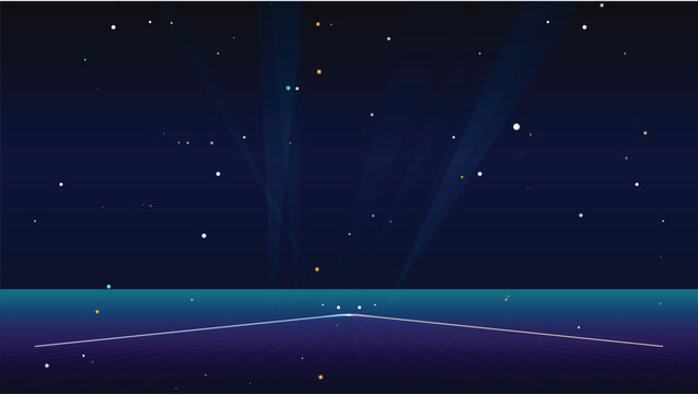 Abstract digital landscape with glowing horizon line and starry sky in retro synthwave style
