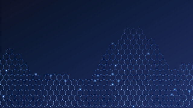 Abstract technology background with blue hexagonal grid pattern and glowing particles, digital data connection concept