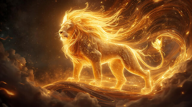 Mythical Leo lion crafted from starlight and flames, celestial fire energy flowing across the scene, luxurious golden atmosphere, balanced modern layout