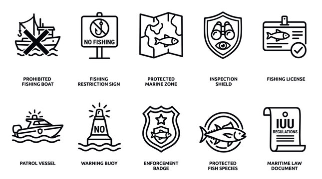 Illegal Fishing Control and Ocean Law Enforcement Line Icons