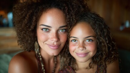 Obraz premium An endearing close-up portrait of a mother and her daughter smiling joyfully, symbolizing the bond of love, warmth, and connection shared between them.