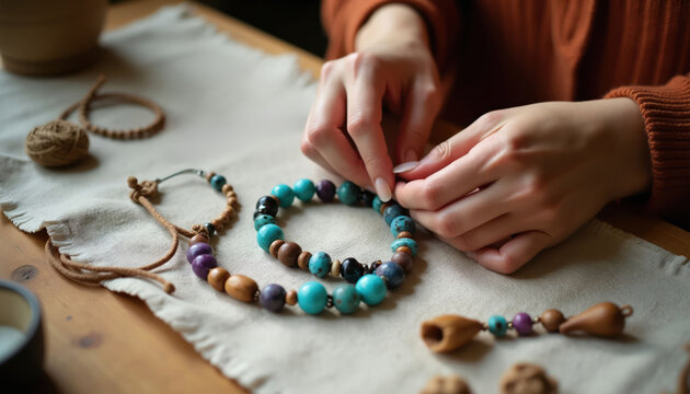 Woman hands assemble colorful beaded necklace with stones and twine. Crafting process for DIY jewelry making. Creative hobby with natural materials and tools.