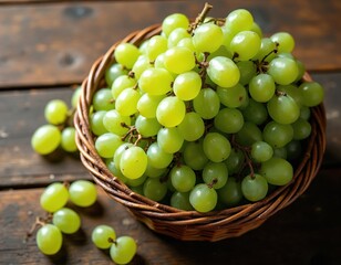 Fototapeta premium Fresh green grapes fill a woven basket on a dark wooden surface. Some loose grapes lie scattered nearby on the table. This abundance of ripe fruit looks delicious and healthy.