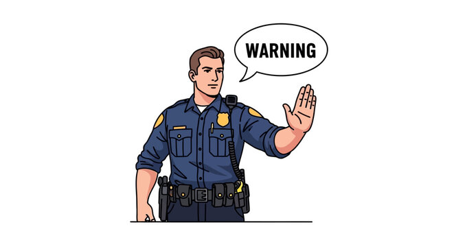 Cartoon police officer giving a warning with speech bubble