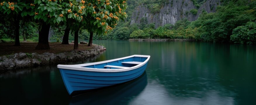 Perahu kecil biru berlayar di laguna tenang dengan sinar matahari dan stalagmit alami.