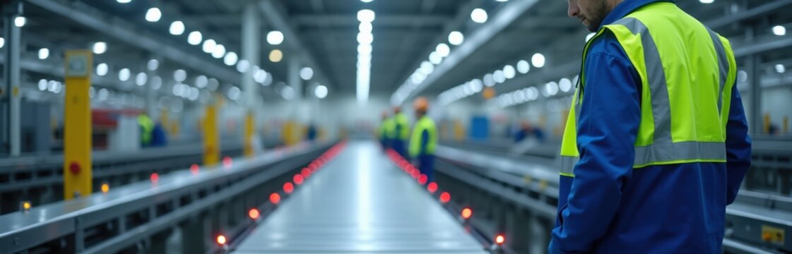 Factory worker in safety vest oversees automated conveyor belt systems. Logistics warehouse team manages product flow on production line. Technology improves supply chain efficiency in distribution